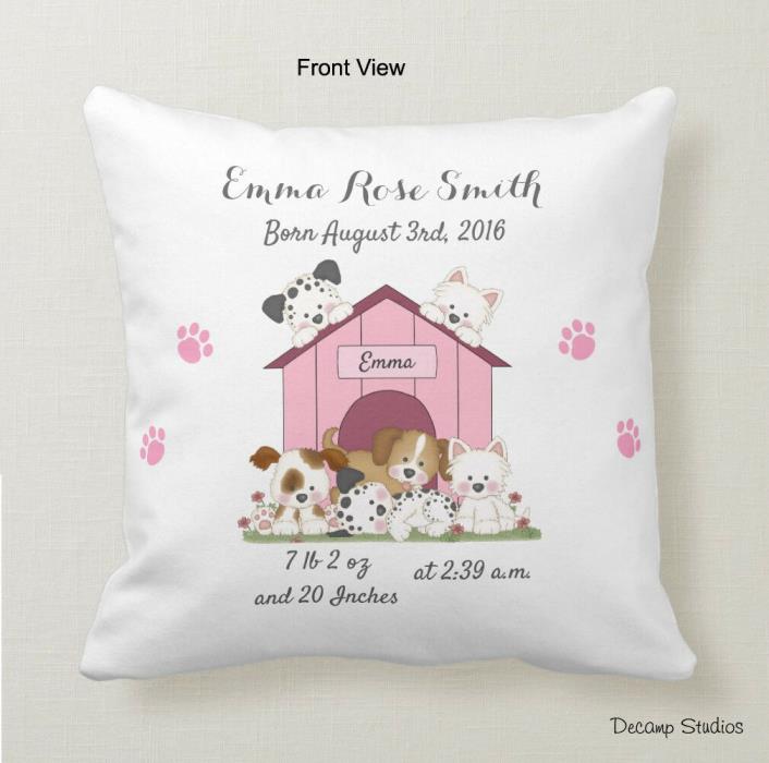 Personalized Baby Girl Pink Puppy Nursery Pillow Birth Date Stats Announcement