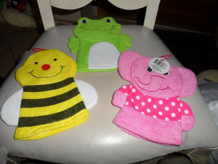 Set of 3 Bath Mitt Puppets - elephant, frog, bumble bee