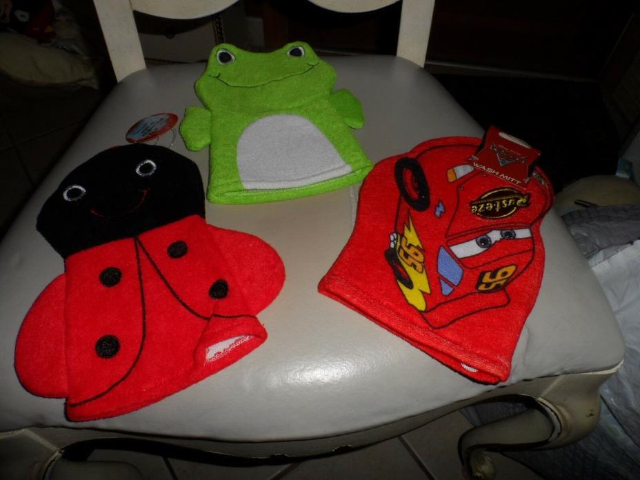 Set of 3 Bath Mitt Puppets - frog, lady bug, Disney pixar car