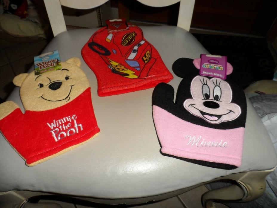 Set of 3 Disney Bath Mitt Puppets - Pixar Cars, Winnie the Pooh, Minnie Mouse