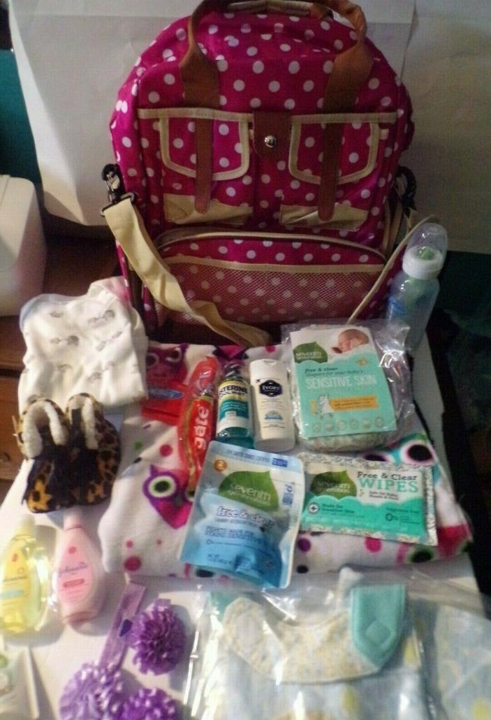 POLKA DOT DIAPER BAG FILLED WITH MOMMY & BABY ITEMS ---ULTIMATE GIFT ~~ EXTRAS