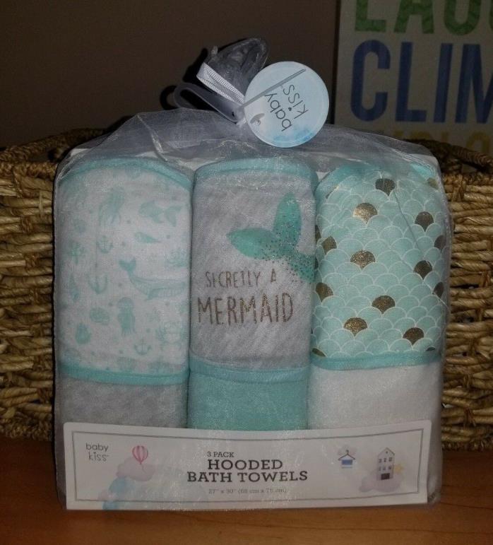 BABY KISS Mermaid 3 Pack Hooded TOWELS Teal Bath Shower Girls Gift Set NEW ~ NWT