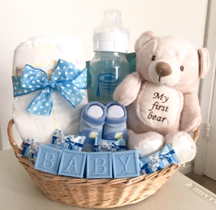 Baby Boy or Girl Shower Decorative Gift Basket Favors Blocks Pampers Bottle