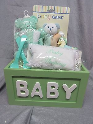 GREEN BABY GIFT BASKET- GANZ TEDDY BEAR RATTLE ,PHOTO FRAME,SOAP DISH,PILLOW-NEW