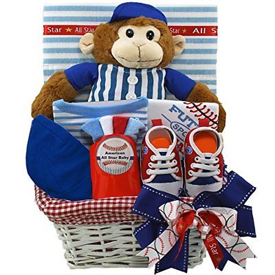 American All Star Baby Boy Baseball Gift Basket with Teddy Bear Red/White/Blue