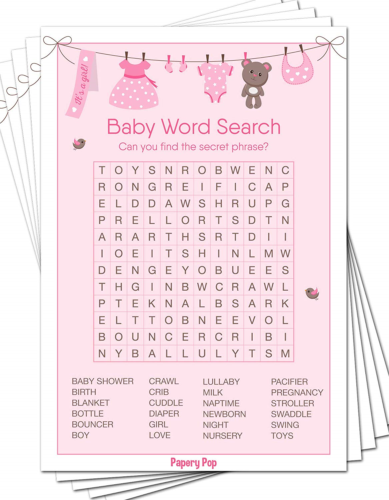 Baby Word Search Game Cards Pack of 50 - Baby Shower Games Ideas for Girl -