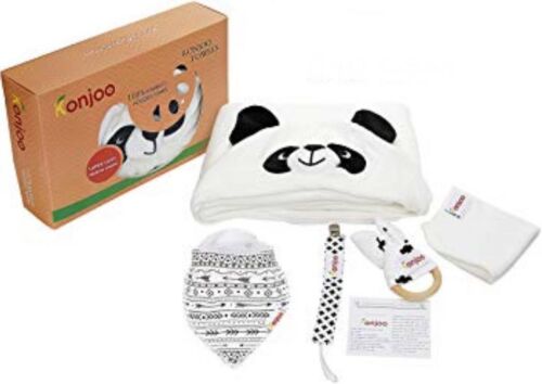 Konjoo 100% Bamboo Hooded Panda Towel Baby 5 Piece Set -Bibs Teether Paci Clip