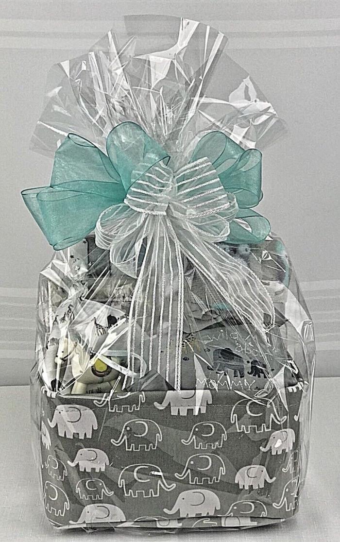 Deluxe Baby Shower Gift Basket:Custom Ornament Elephants Owls Gray/ Blue Blanket