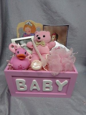 PINK BABY GIRL GIFT BASKET- TEDDY BEAR RATTLE, POUF, DUCK,FRAME, PACIFIER, BOOK