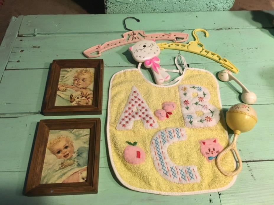 Vintage Baby Shower Decorations Rattle Brush Picture Bib Hangers Gift Lot