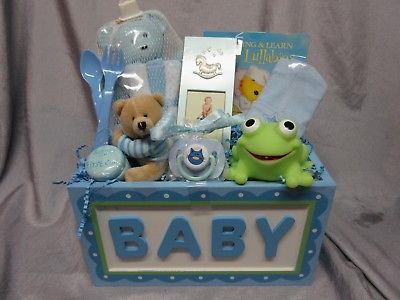BLUE BABY GIFT BASKET- TEDDY BEAR,SOAP DISH, FRAME, PACI, LULLABY CD, CAP-NEW