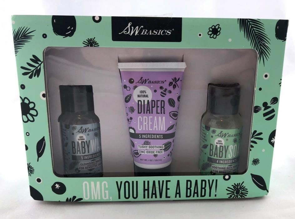 SW Basics 100% Natural Baby Wash Soap Diaper Cream Lavender Cocoa Aloe Gift Set