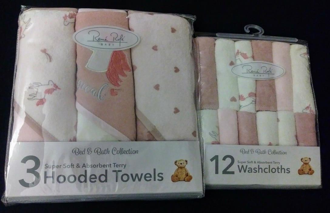 Rene Rofe Baby Girl Unicorn Theme 3 Pk Hooded Towels & Matching Washcloths