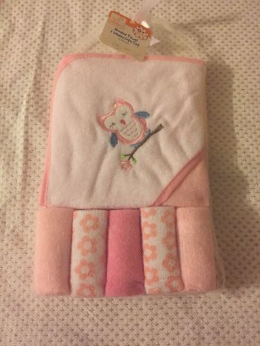Swiggles Hooded Towel and Washcloth Set Pink Owl GIRLS 6 Piece Set