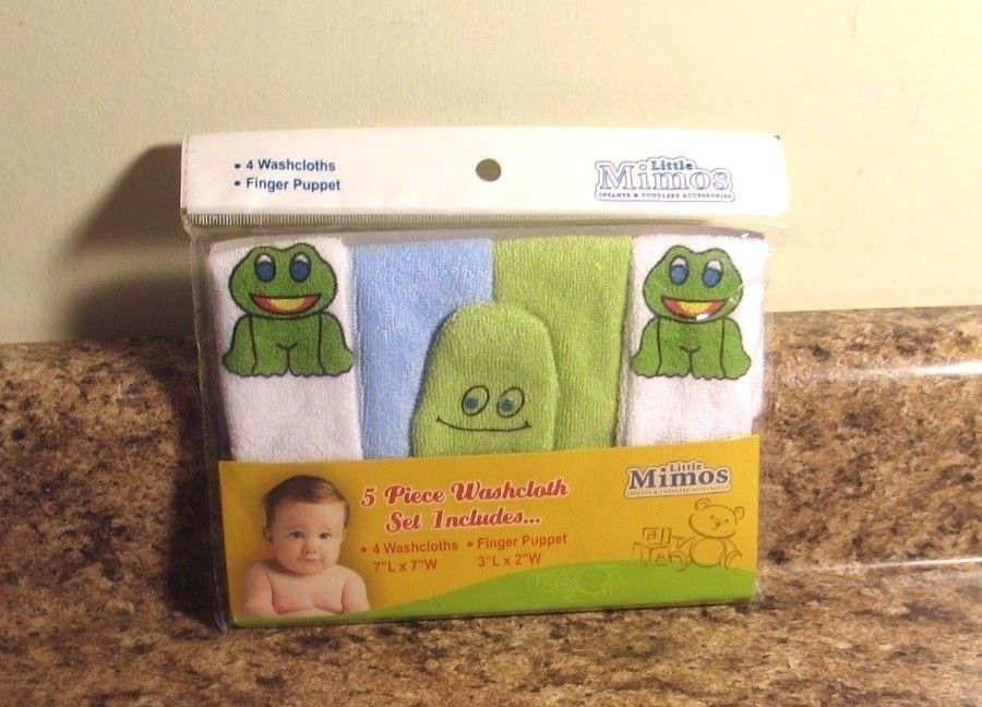 Little Mimos Frog Washcloth And Finger Puppet 5 Piece Set NEW
