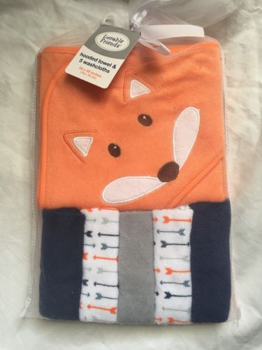 5 Washcloths & Hooded Towel Gift Boys Baby Shower Fox Orange Cute Bath Luvable