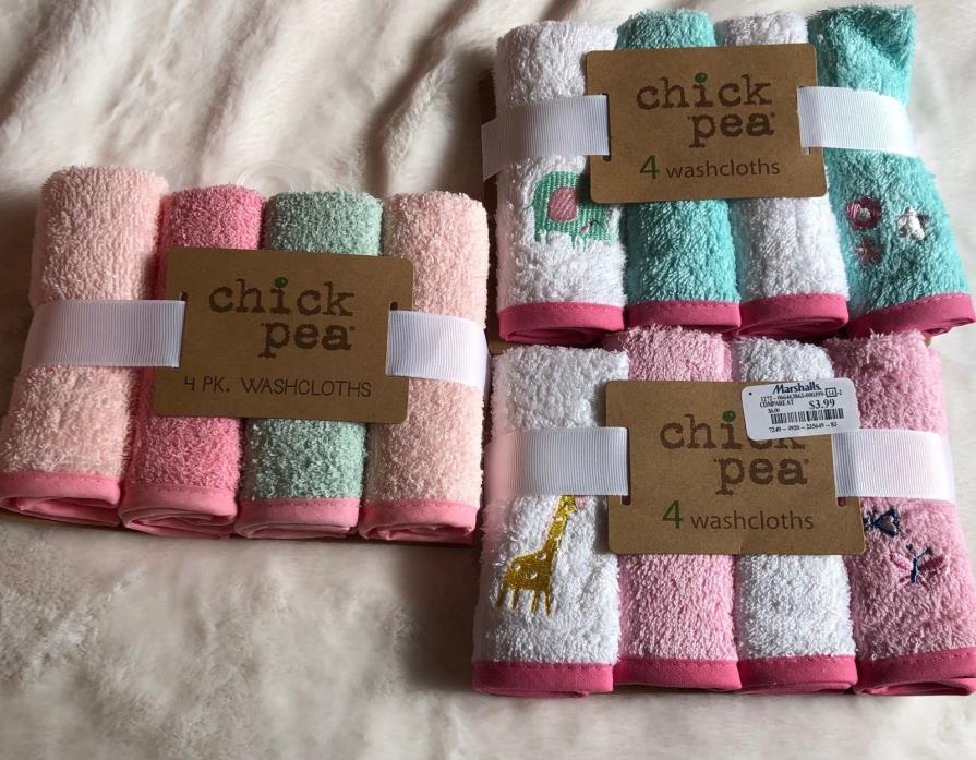 NWT Chick Pea BABY Pink & Green Washcloths, Baby Girl Shower Gift (3 4-packs)