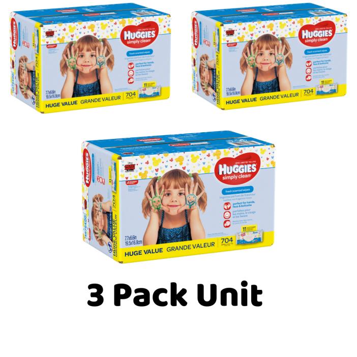 Huggies Simply Clean Baby Wipes Fresh Scent 11 packs of 64 (704 count) - (3 Box)