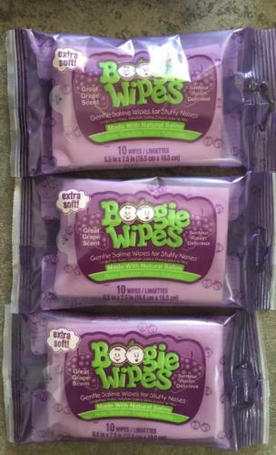 Boogie Wipes (3) Travel Packs 10 Per Pack   (30 Wipes) Grape Scent Saline Noses