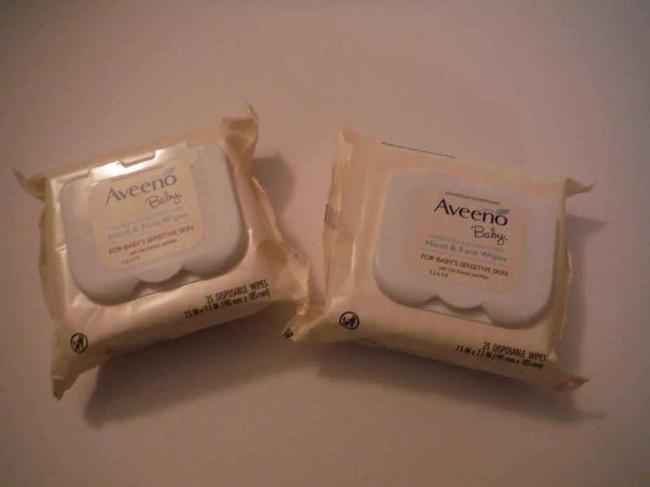 NEW Lot of 2 Pkgs Aveeno Baby Hand & Face Wipes (25 in each pkg - Total of 50 Wi