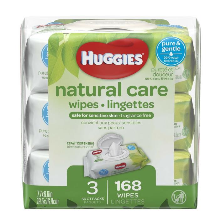 Huggies Natural Care Baby Wipes, Sensitive, 3 Packs Of 56 (168 Ct)