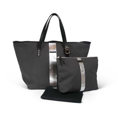 NEW KEMPTON & CO. SILVER STRIPED DIAPER TOTE - CHARCOAL AND SILVER