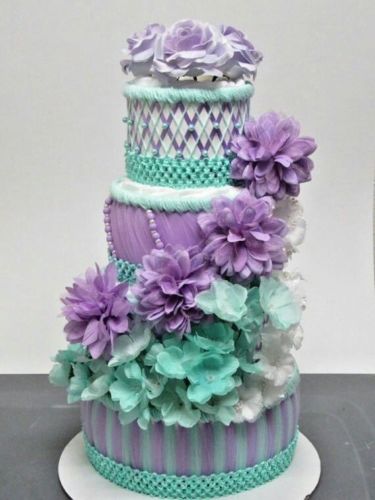 Purple and Mint Themed Baby Girl Shower 4 Tier Diaper Cake Centerpiece Gift