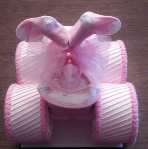 Pink and White Themed Baby Girl Shower Four Wheeler Diaper Cake Centerpiece Gift