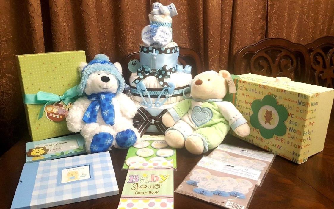 3 Tier Boys Blue Diaper Cake Baby Showers Games Shower Gift Book Frame Favors