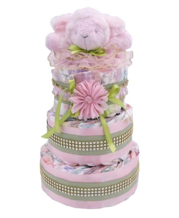 Pink 3-Tier Baby Lamb Diaper Cake - Baby Girl Gift - Baby Shower Centerpiece