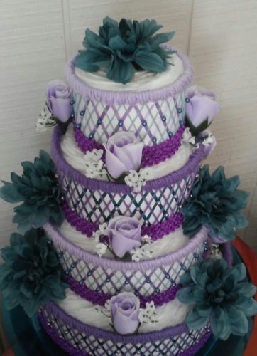 Teal and Purple Theme Baby Girl Shower Decor 4 Tier Diaper Cake Centerpiece