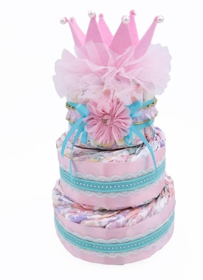 Royal Pink Crown 3-Tier Diaper Cake - Baby Girl Gift - Baby Shower Centerpiece