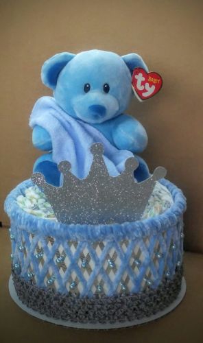 Blue and Silver Teddy Bear Little Prince Themed Baby Shower 1 Tier Diaper Cake