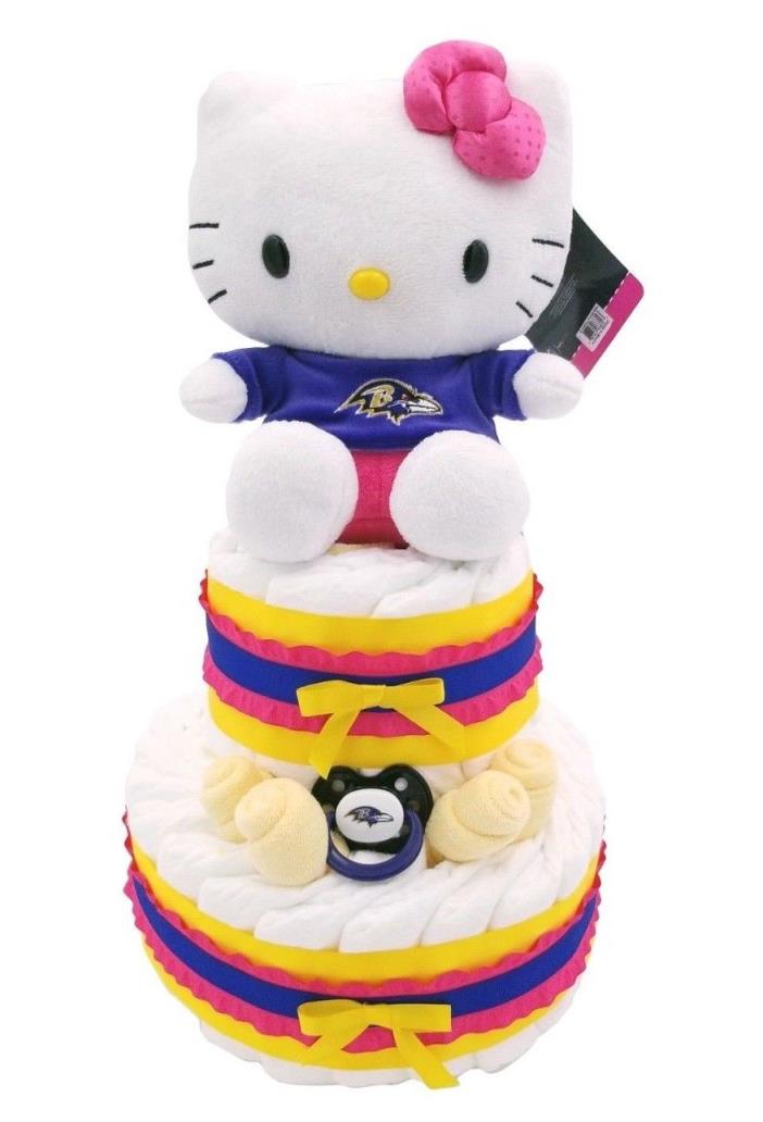 Purple and Yellow - Baltimore Ravens Baby Fan - 2-Tier Diaper Cake - Hello Kitty