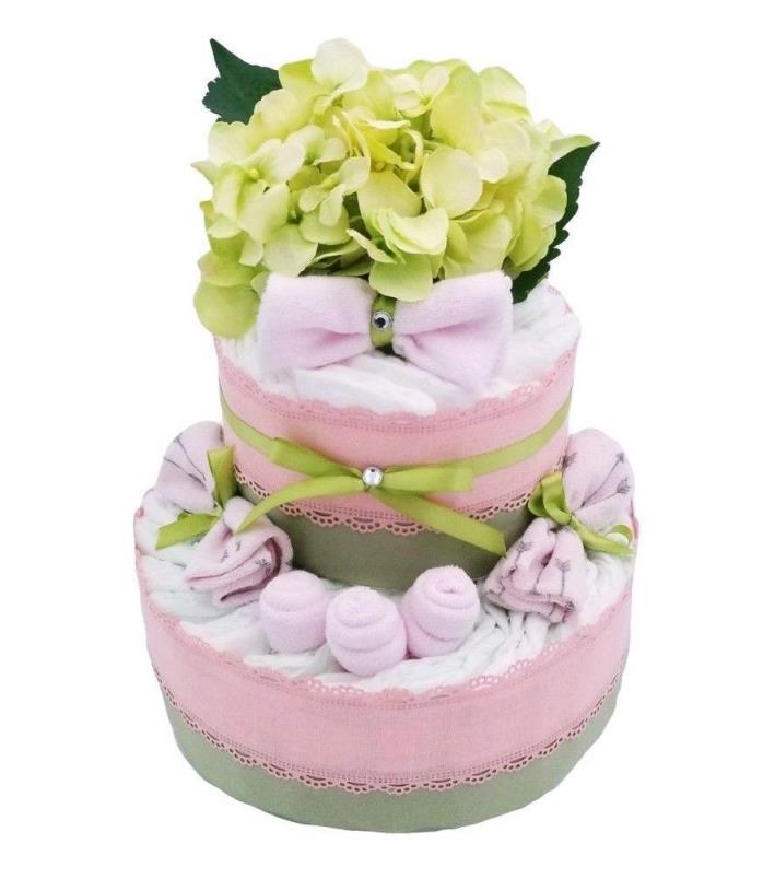 Pink 2-Tier Hydrangia Flower Diaper Cake - Baby Shower Gift - Baby Girl Gift