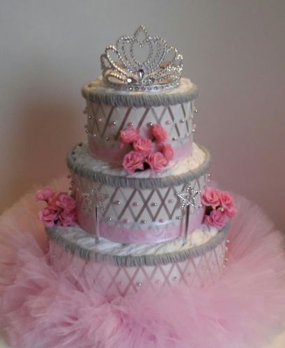 Pink and Silver Princess Themed Baby Girl Shower 3 Tier Tutu Diaper Cake Gift