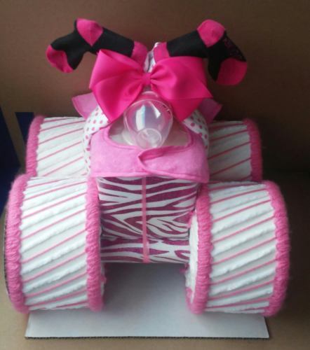 Pink and White Zebra Themed Baby Girl Shower Four Wheeler Diaper Cake