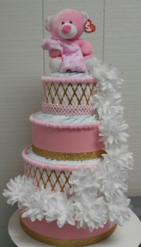 Light Pink and White Teddy Bear Theme Baby Shower 4 Tier Diaper Cake