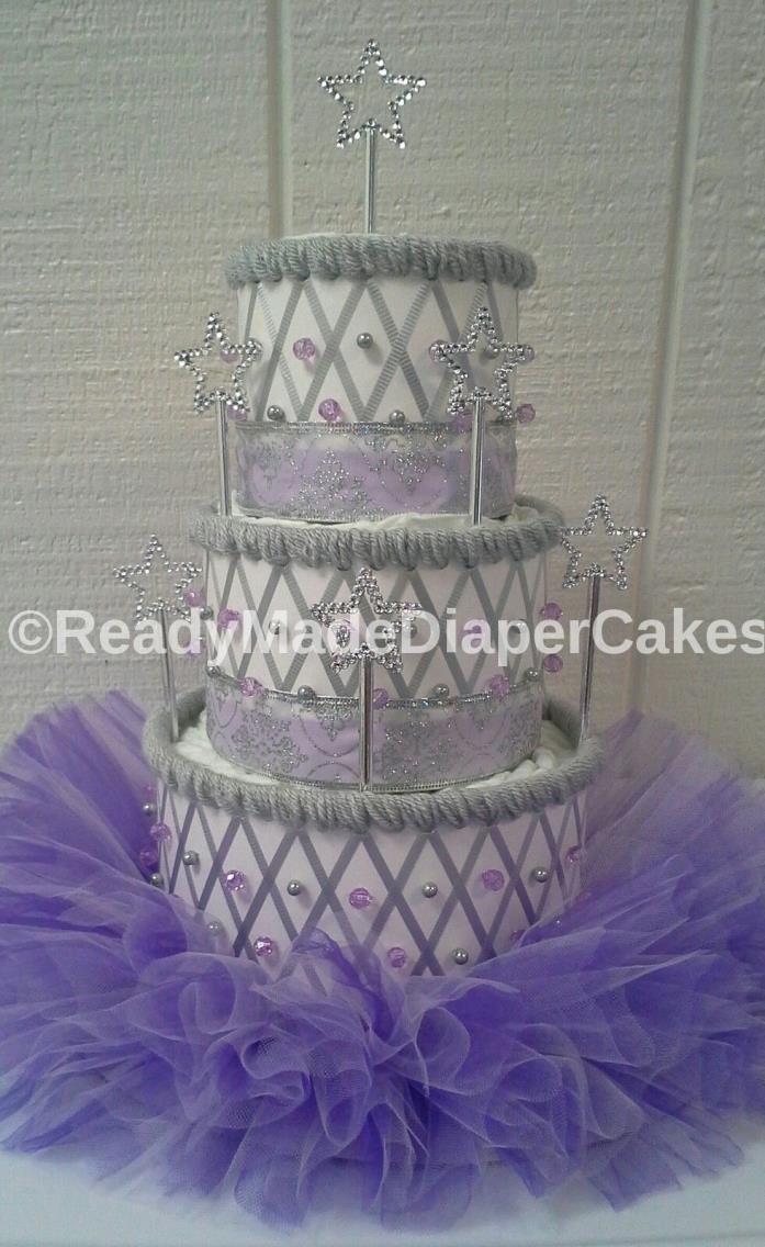 Purple and Silver Princess Theme Baby Girl Shower 3 Tier Tutu Diaper Cake