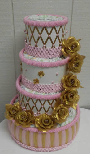 Gold and Pink Elegant Baby Girl Themed Baby Shower 4 Tier Diaper Cake