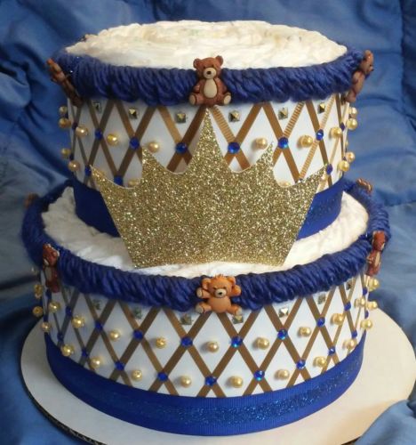 Royal Blue and Gold Little Teddy Bear Prince Baby Shower 2 Tier Diaper Cake
