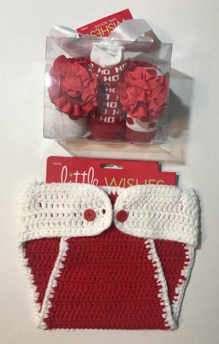 Crochet Knit Baby Diaper Cover + 3 Pair Ruffle Socks Red Santa Photography Prop