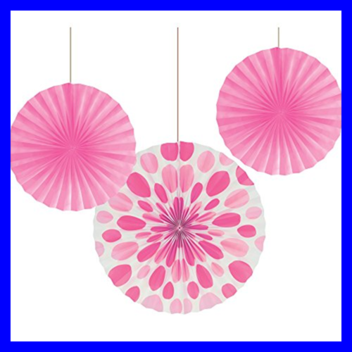 18 Ct Solid & Polka Dots Paper Fans Candy PINK 12/16