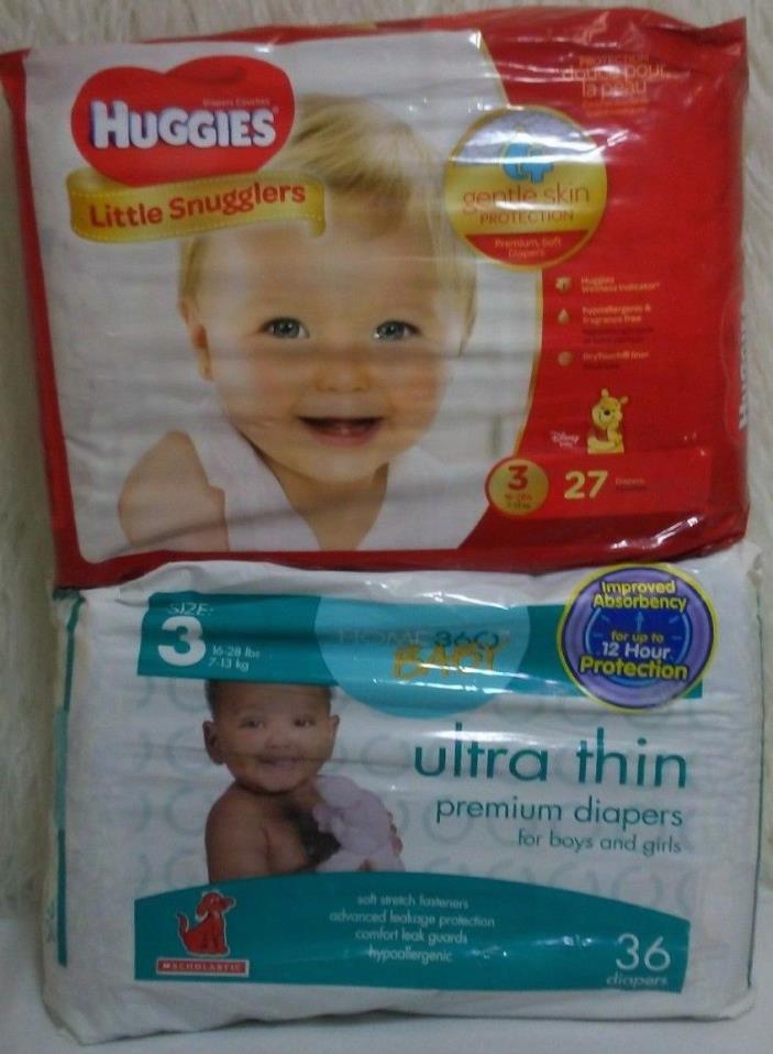 63 TOTAL SIZE 3 DISPOSABLE DIAPERS HUGGIES & HOME 360 BABY 16-28 LBS GENTLE