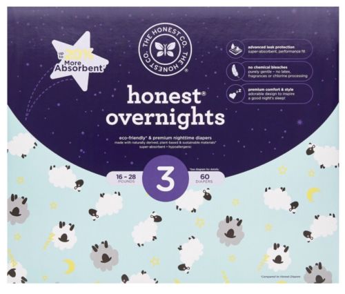 Honest Overnight Baby Diapers, Club Box, Sleepy Sheep, Size 3, 60 Count