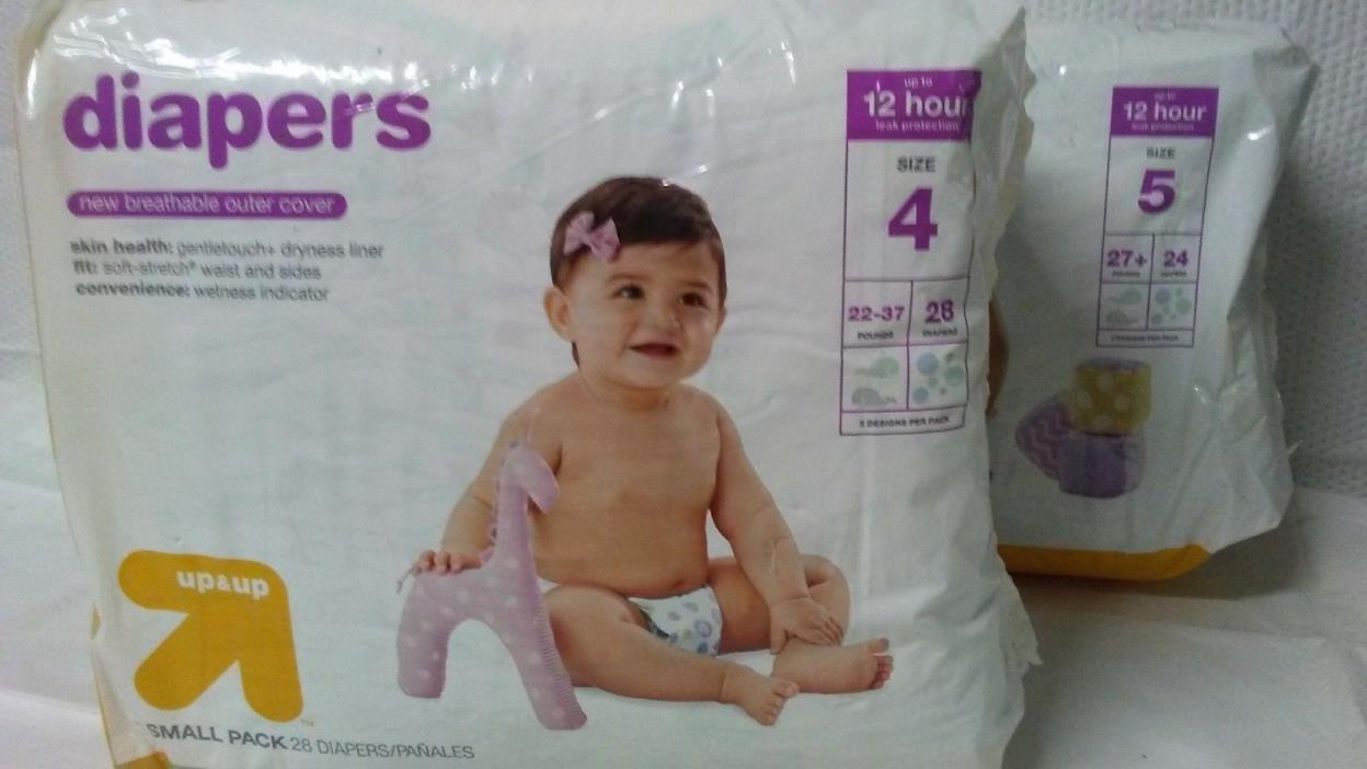 UP AND UP BABY DIAPERS 28 SIZE 4 AND 24 SIZE 5 52 TOTAL WITH WETNESS INDICATORS