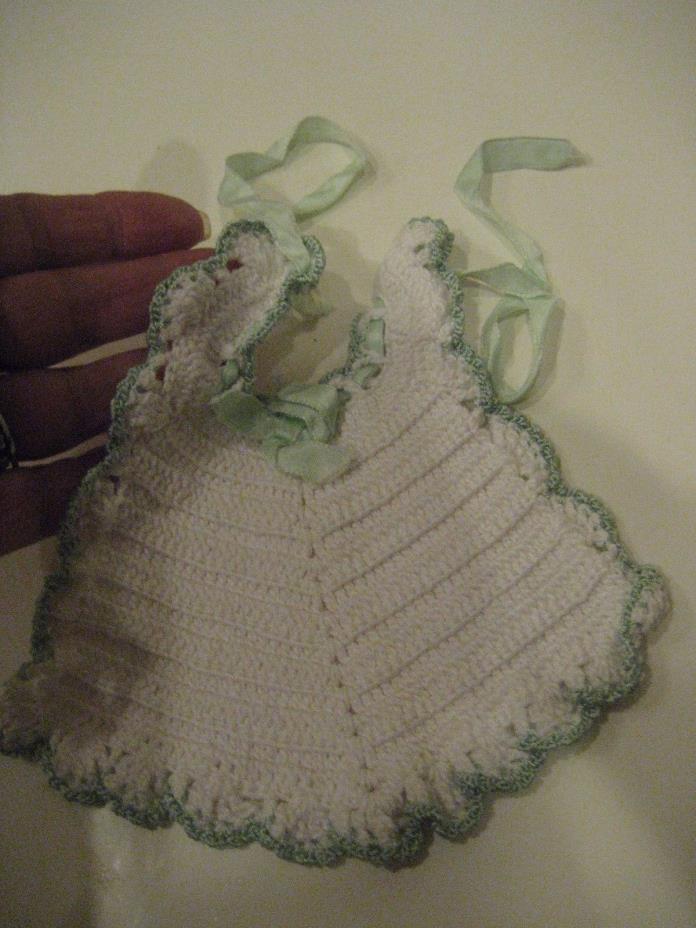 Vtg Antique White Green Infant Child CROCHET BABY BIB Hand Made Ribbon DOLL