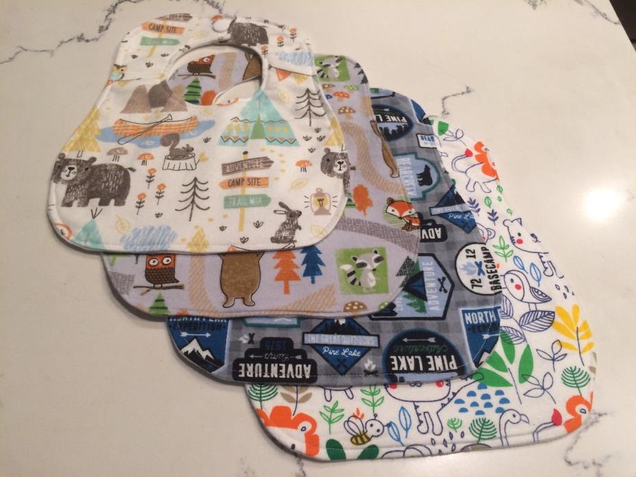 Set of 4 HOMEMADE baby neutral bibs, baby boy or girl, animals, nature, camping