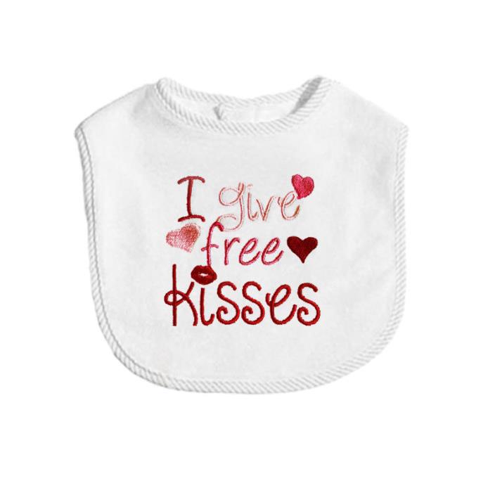 i Give Free Kisses Valentine Baby Bib Embroidered, Boy, Girl