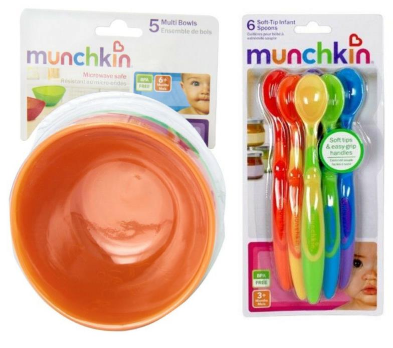 Munchkin Multi Bowl 5-Pack Set with 6-Pack Soft-Tip Infant Spoons Bright Colors